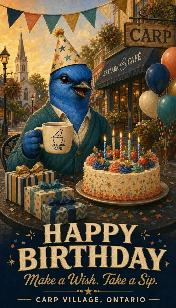 Happy Birthday Skylark Café card with cake and presents