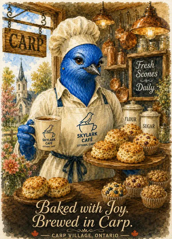 Watercolour souvenir card of a bluebird baker with Skylark Café coffee, fresh scones and muffins
