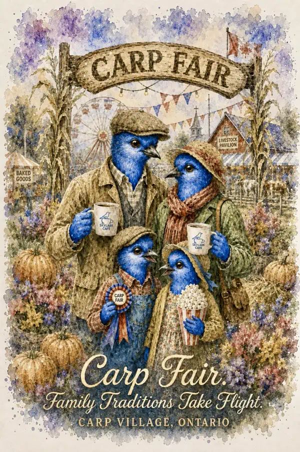 Watercolour souvenir card of a bluebird family enjoying the Carp Fair in Carp, Ontario