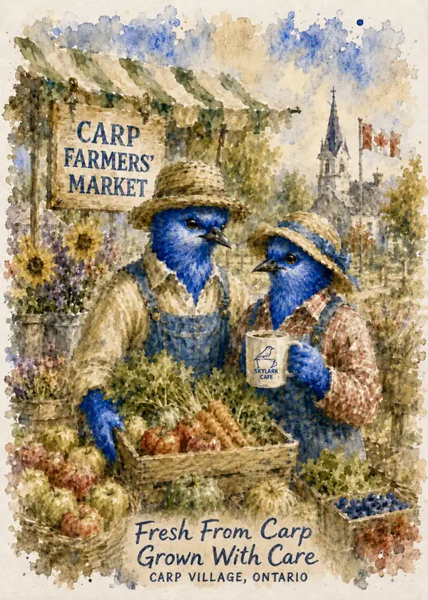 Watercolour souvenir card of bluebirds with local produce at the Carp Farmers’ Market