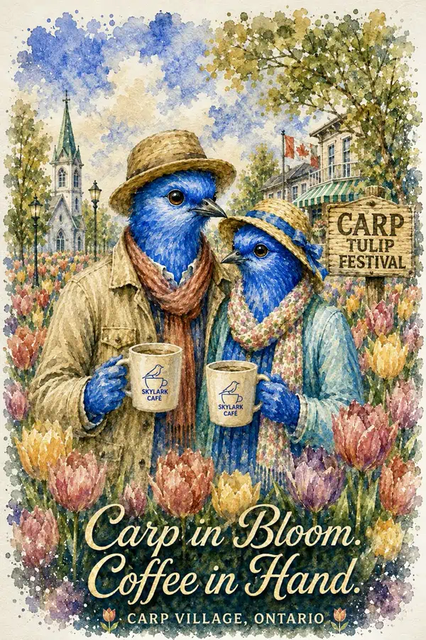Watercolour souvenir card of two bluebirds with Skylark Café coffee at the Carp Tulip Festival