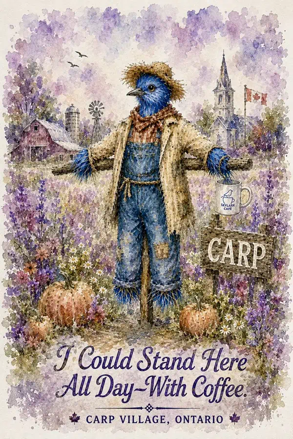 Watercolour souvenir card of a bluebird scarecrow holding Skylark Café coffee in Carp