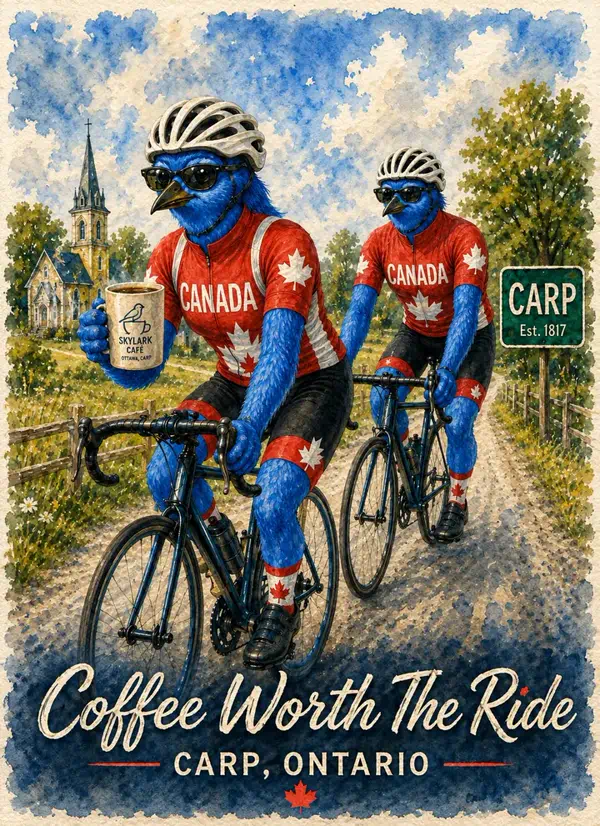Watercolour souvenir card of two bluebird cyclists in Canada jerseys riding through Carp with Skylark Café coffee