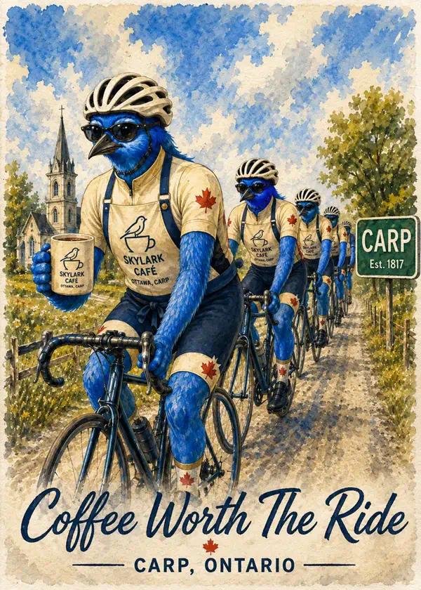 Watercolour souvenir card of a group of bluebird cyclists riding through Carp with Skylark Café coffee