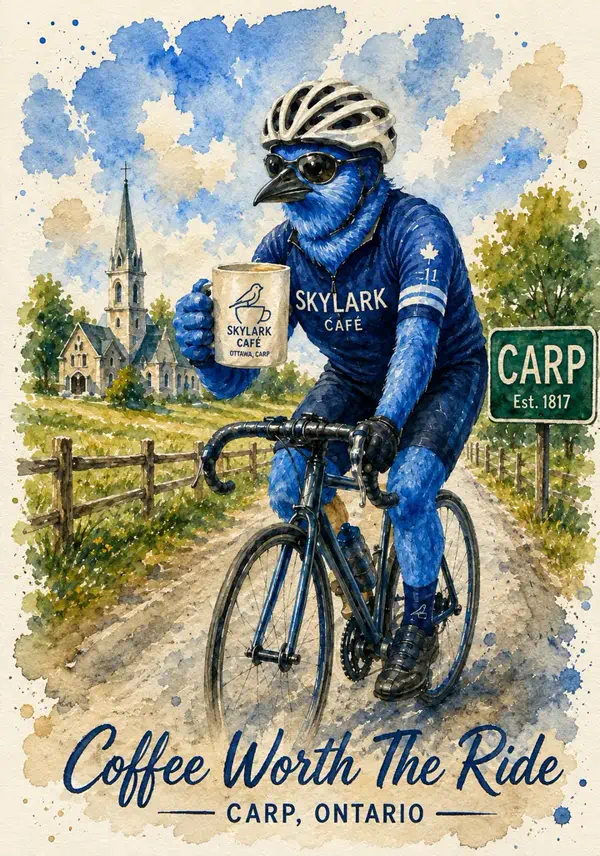 Watercolour souvenir card of a bluebird cyclist riding through Carp with Skylark Café coffee