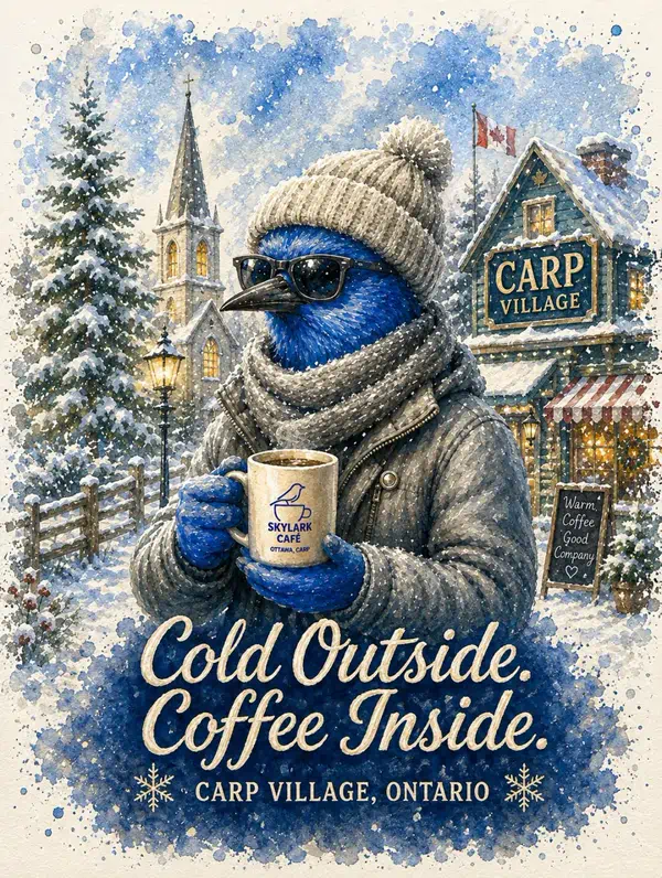 Watercolour souvenir card of a bundled bluebird holding Skylark Café coffee in snowy Carp Village