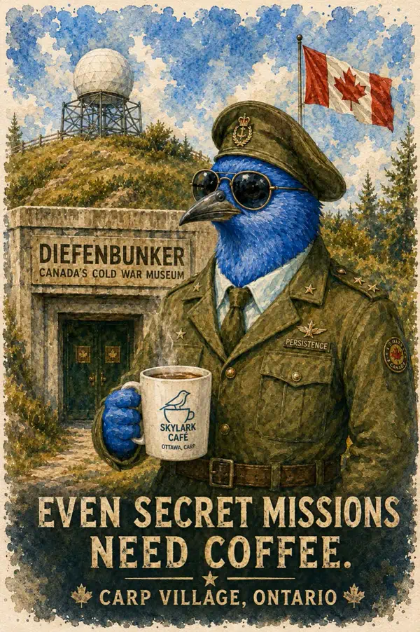 Watercolour souvenir card of a uniformed bluebird holding Skylark Café coffee outside the Diefenbunker in Carp