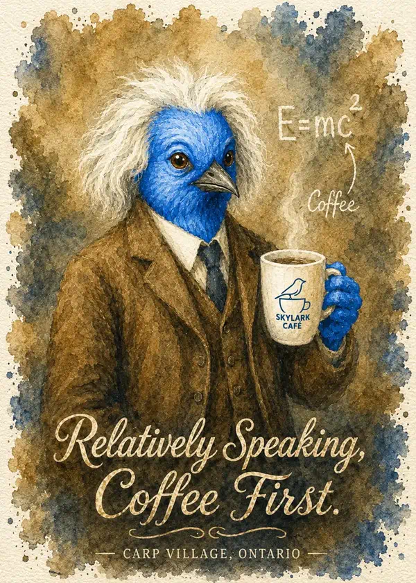 Watercolour souvenir card of an Einstein-inspired bluebird holding Skylark Café coffee beside an equation