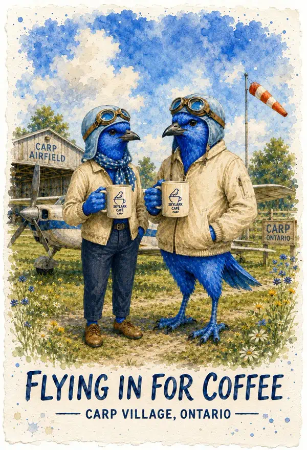 Watercolour souvenir card of two bluebird pilots holding Skylark Café coffee beside an airplane at Carp Airfield