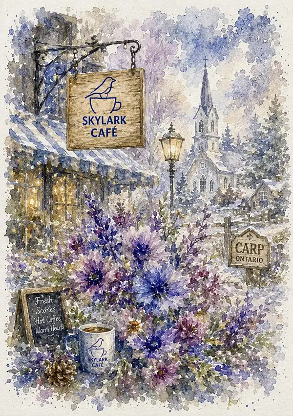 Watercolour souvenir card of Skylark Café, flowers and a coffee mug in snowy Carp
