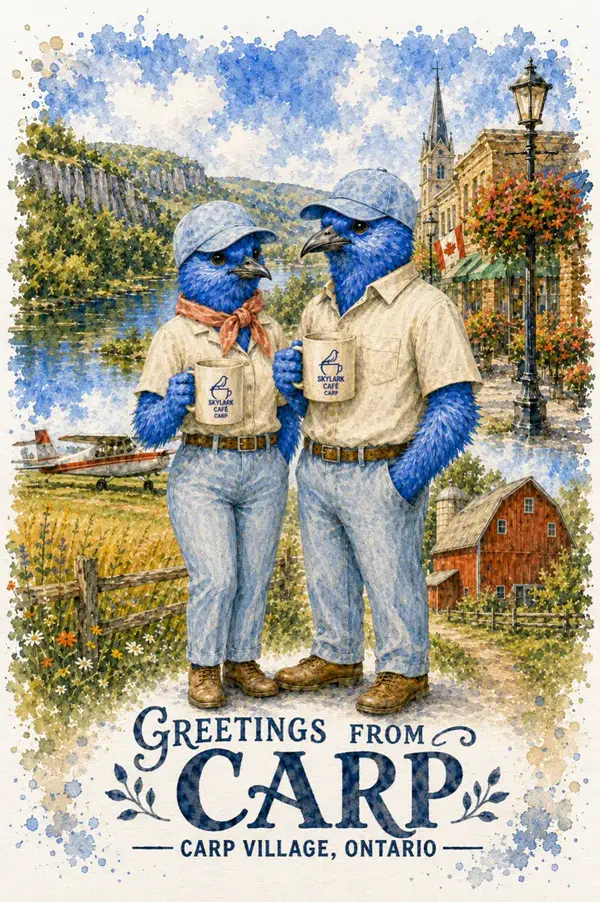 Watercolour souvenir card of two bluebirds with Skylark Café coffee among Carp village, farm and aviation landmarks