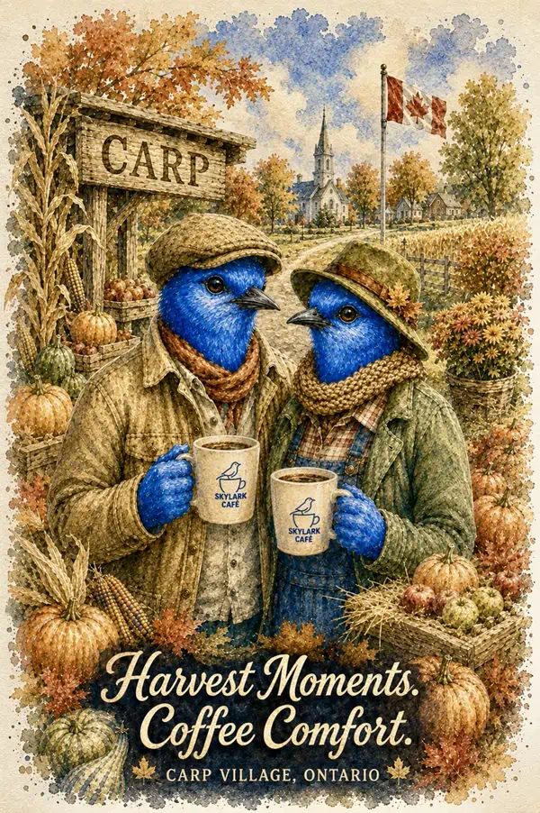 Watercolour souvenir card of two bluebirds sharing Skylark Café coffee during autumn harvest in Carp