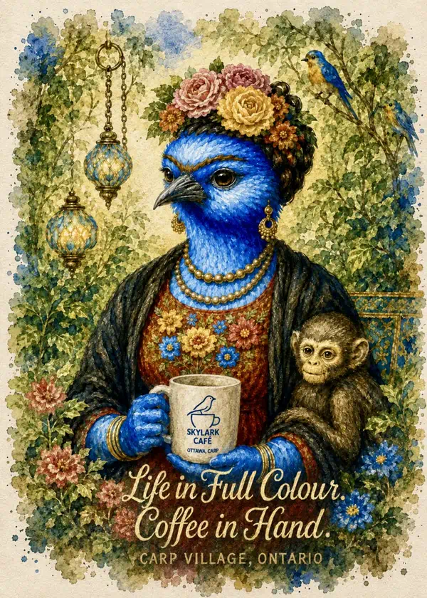 Colourful watercolour souvenir card of an art-inspired bluebird holding a Skylark Café mug