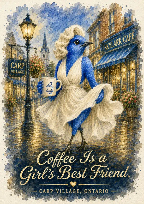 Watercolour souvenir card of a Marilyn-inspired bluebird holding Skylark Café coffee in Carp Village
