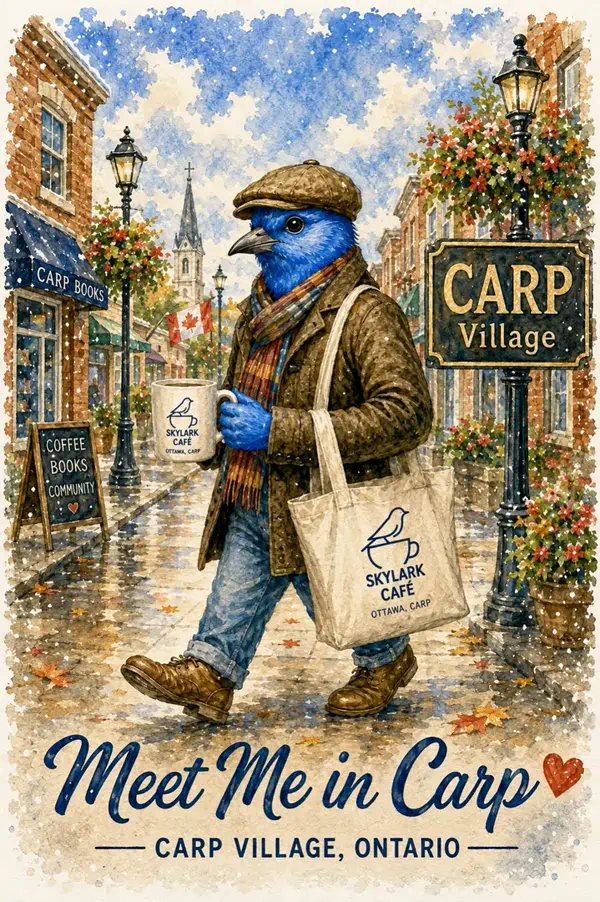 Watercolour souvenir card of a bluebird walking through Carp Village with Skylark Café coffee and a tote bag