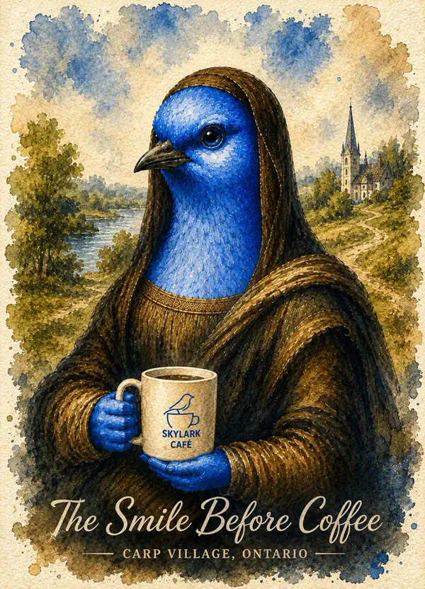 Watercolour souvenir card of a Mona Lisa-inspired bluebird holding a Skylark Café mug