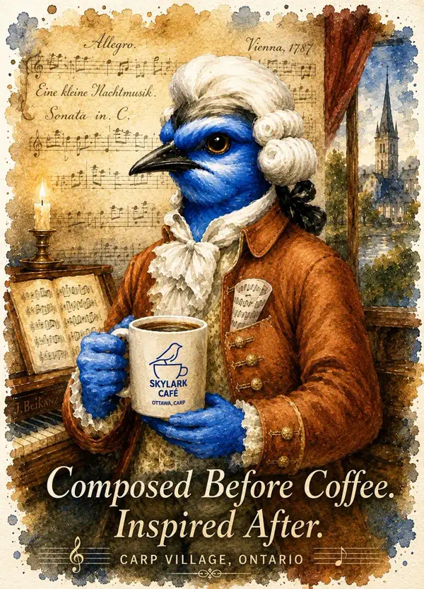 Watercolour souvenir card of a Mozart-inspired bluebird holding Skylark Café coffee beside sheet music
