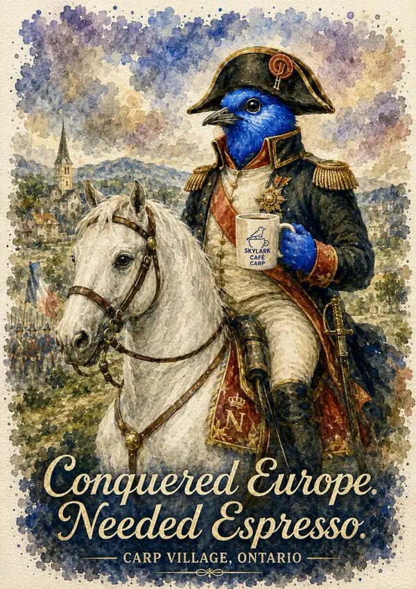 Watercolour souvenir card of a Napoleon-inspired bluebird on horseback holding Skylark Café coffee