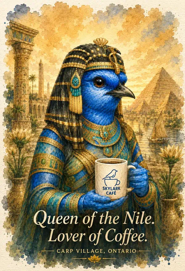 Watercolour souvenir card of an Egyptian queen-inspired bluebird holding a Skylark Café mug by the Nile
