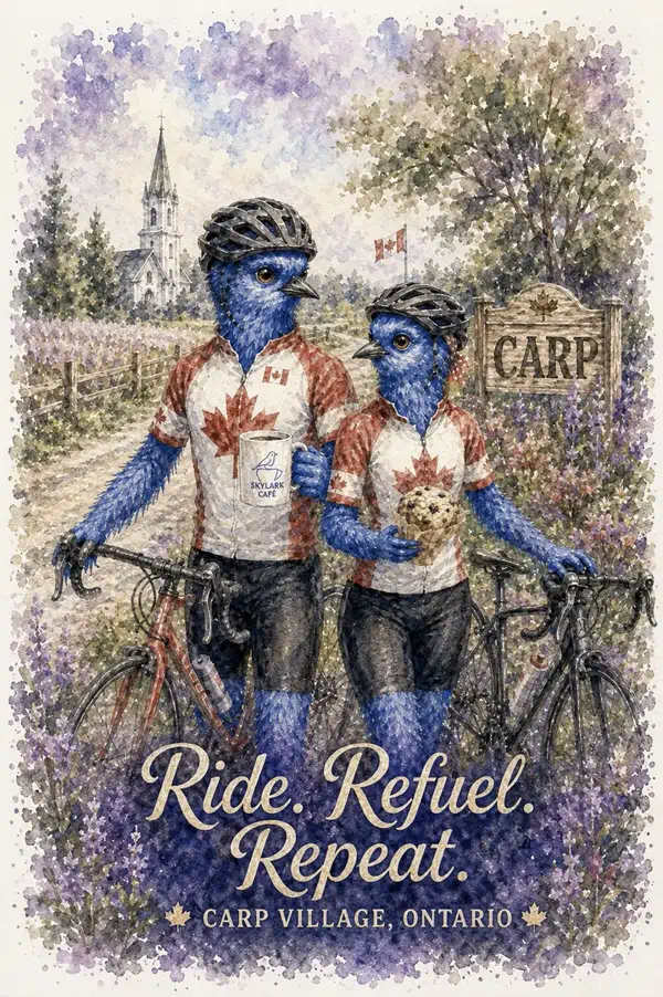 Watercolour souvenir card of two bluebird cyclists stopping for Skylark Café coffee in Carp
