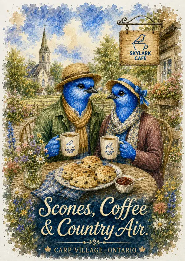 Watercolour souvenir card of two bluebirds enjoying scones and Skylark Café coffee outdoors
