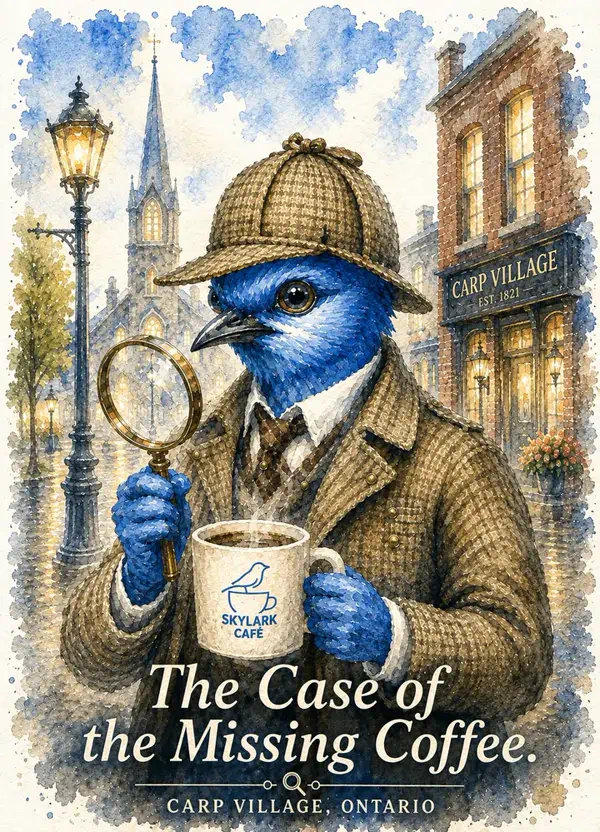 Watercolour souvenir card of a Sherlock-inspired bluebird investigating with a magnifying glass and coffee