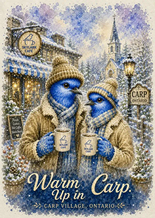 Watercolour souvenir card of two bluebirds sharing Skylark Café coffee in snowy Carp