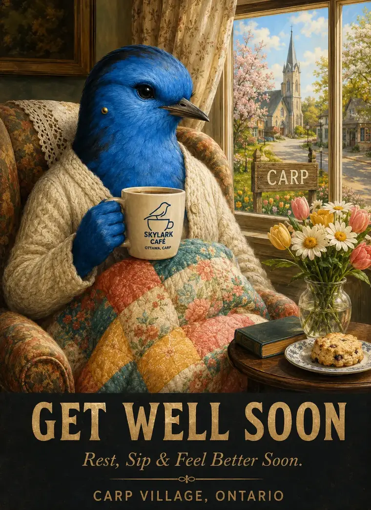 Get Well Soon Skylark Café card with a bird resting beside the fire