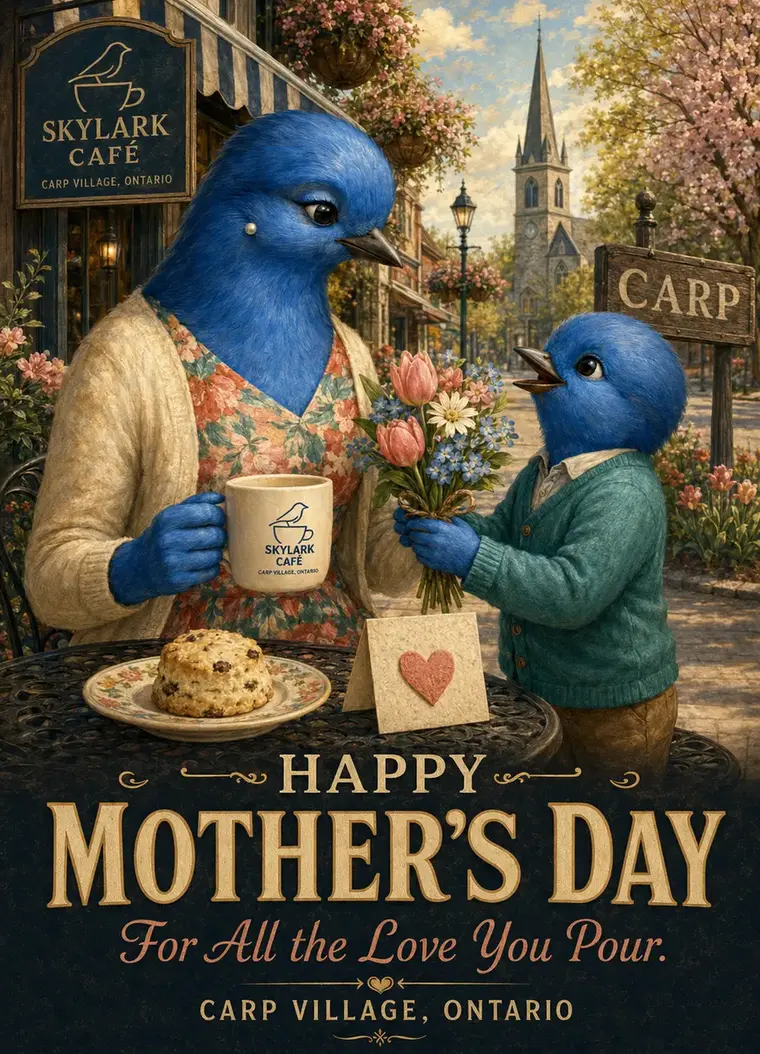 Happy Mother's Day Skylark Café card with two birds sharing tea