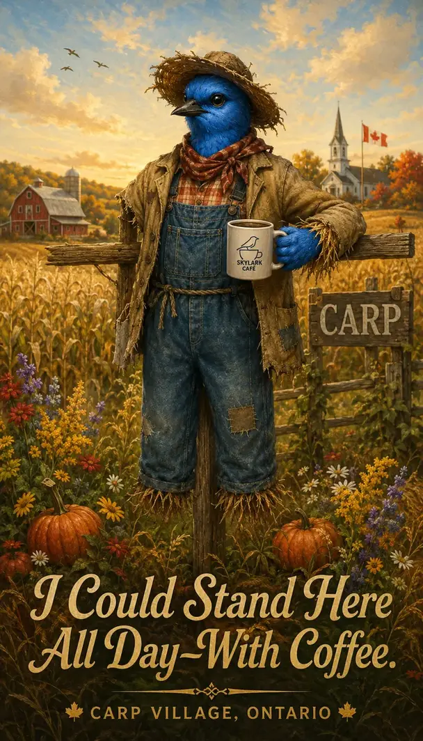 Skylark scarecrow holding coffee on a vintage souvenir card