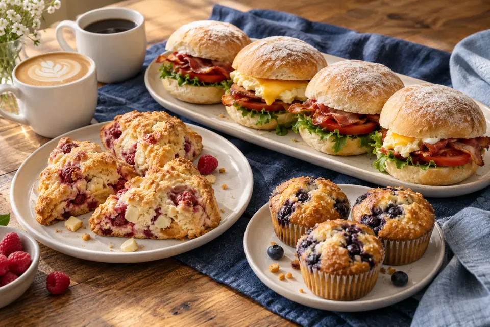 Serving inspiration: café sandwiches, berry scones, muffins and coffee arranged for a gathering