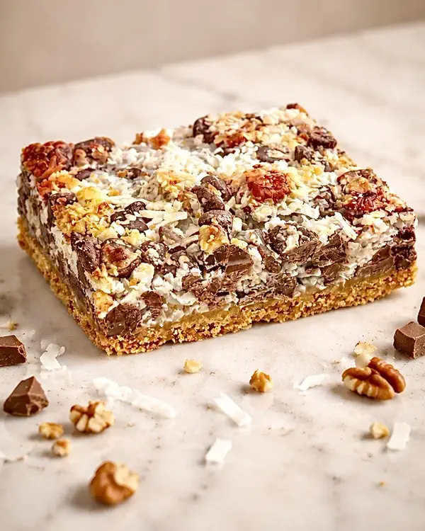 Hello Dolly bar with coconut, chocolate and pecans