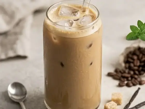 Iced latte served in a tall glass with coffee beans and vanilla