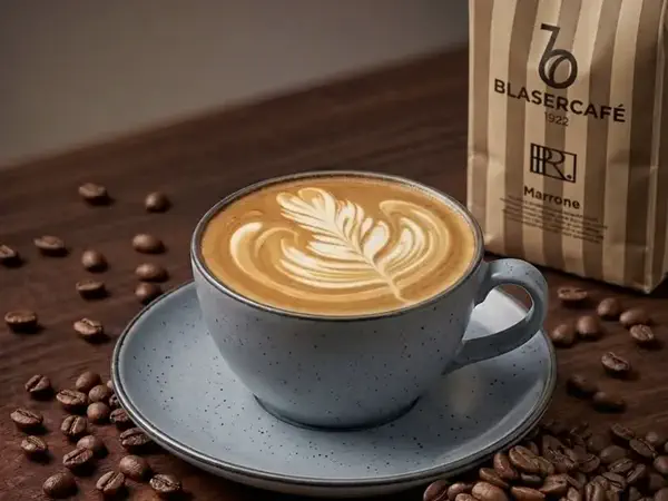 Handcrafted latte with leaf-pattern latte art and roasted coffee beans