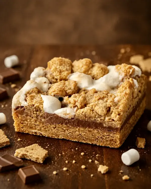 S'mores bar with chocolate, toasted biscuit and marshmallow