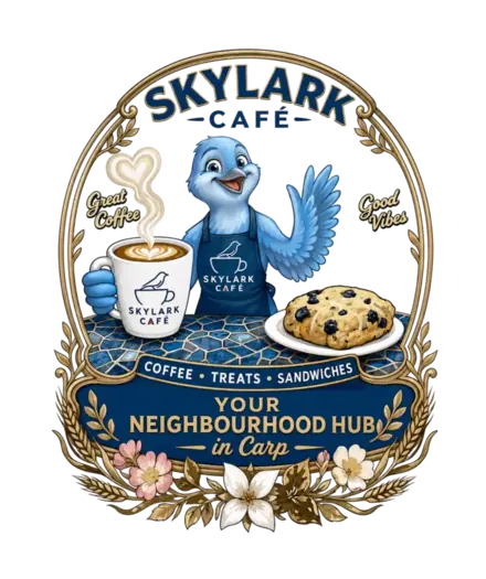 Skylark Café's blue bird mascot holding coffee beside a scone