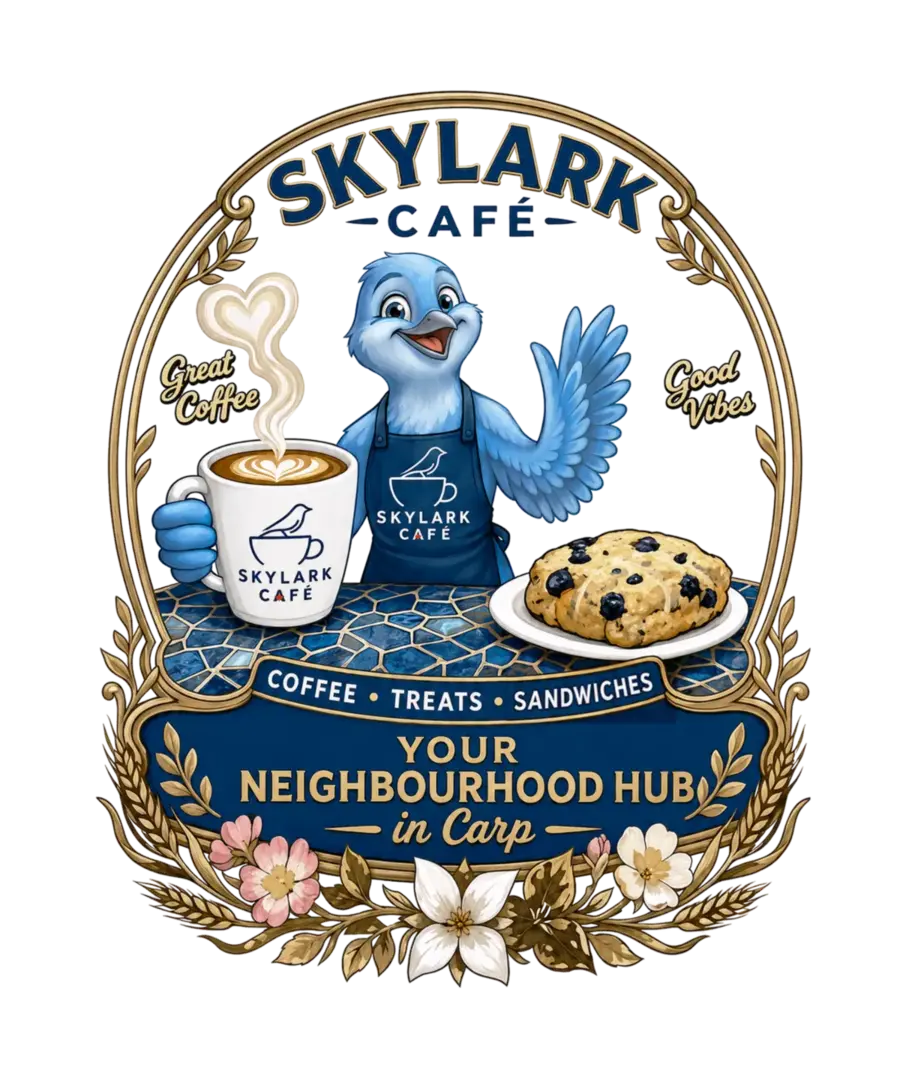 Skylark Café's blue bird mascot holding coffee beside a scone